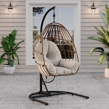 Mainstays Steel Outdoor Hanging Egg Chair with Stand and Cushion, Beige