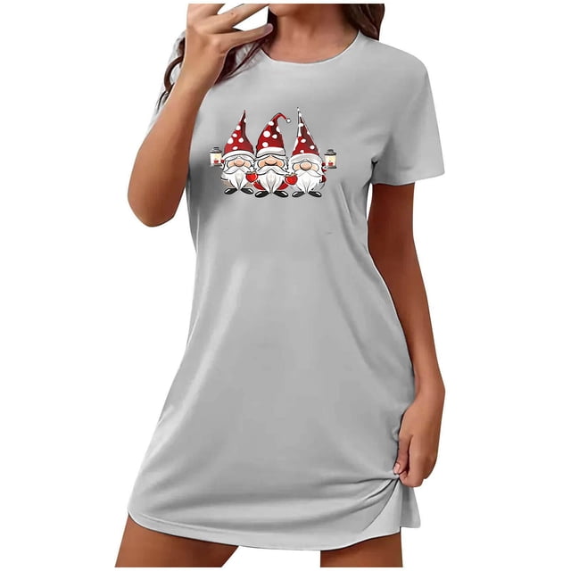 Levmjia Nuisettes en Coton pour Femmes à Manches Courtes, Vêtements de Nuit Doux d'Été, Confortables, Coupe Ample, Robe de Nuit Imprimée à Col Rond pour Grande Taille, Pyjamas Décontractés pour la Maison