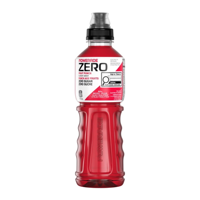 Powerade Zero Fruit Punch Bottle, 710 mL, front-facing red electrolyte sports drink bottle with black and silver sports cap, zero sugar, enriched with ION4 Advanced Electrolyte System replacing sodium, potassium, calcium, and magnesium, contains vitamin B12 and vitamin C to support energy metabolism, ideal for hydration during athletic activities and replenishing electrolytes after workouts.