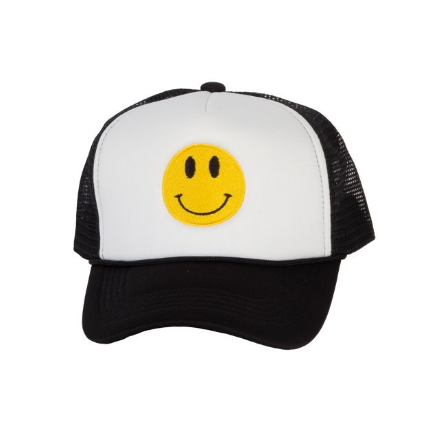 Gravity Threads Smile Face Embroidery Adjustable Trucker Hat - Smile - White/Black