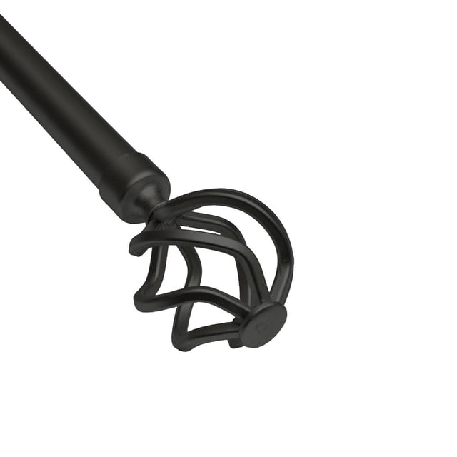 Mainstays Adjustable Drapery Window Curtain Rod with Decorative Finials in matte black, featuring a close-up of the open cage-style finial and smooth cylindrical rod end, suitable for window treatments and curtain hardware.