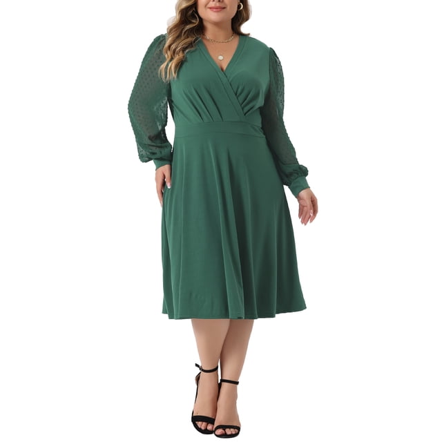 GRACE & GRANDEUR Robe pour Femme Grande Taille Manches Longues Pois Suisses Col en V Portefeuille Robes Formelles 4X Vert