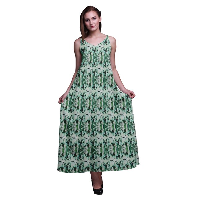 Bimba Robe Longue Maxi Imprimée en Rayonne Teinture sur Nœuds pour Femmes à Bretelles Spaghetti Ajustables Boho-X-Grand
