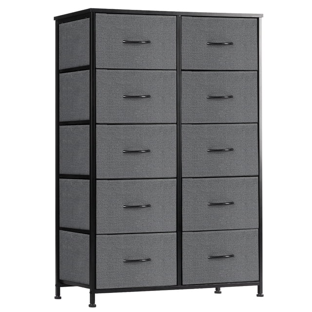 EDX Commode à 10 Tiroirs pour Chambre, Tour d'Organisation de Rangement en Tissu Gris avec Cadre en Acier Renforcé et Planches de Bois Robustes. Comprend des Tiroirs Profonds pour un Rangement Spacieux, des Patins de Pieds Ajustables pour la Stabilité sur les Planchers Irréguliers, et un design Moderne Adapté aux Chambres et aux Salons. Idéale comme Commode en Tissu Ou Tour de Rangement.