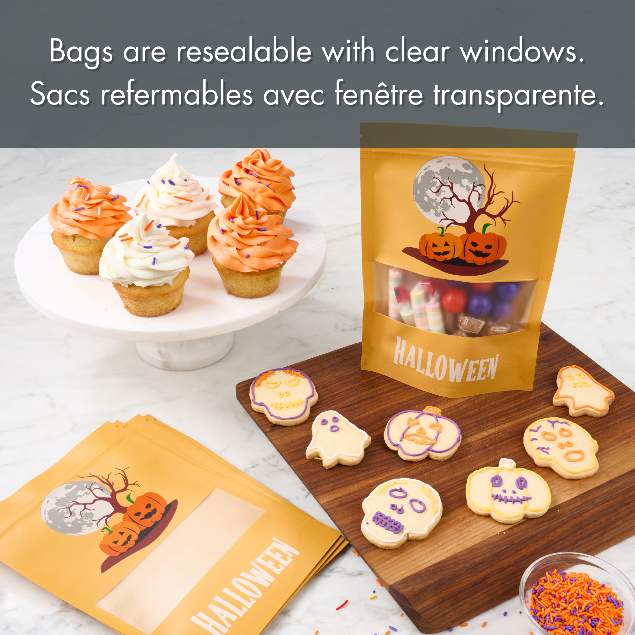 Ensemble de 20 sacs en papier kraft Tout-pour-Célébrer – Décors d’Halloween, orange et mauve