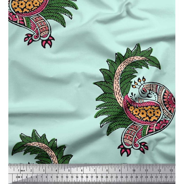 Soimoi Moss Georgette Fabric Peacock Block Print Sewing Fabric Yard 42 Inch Wide