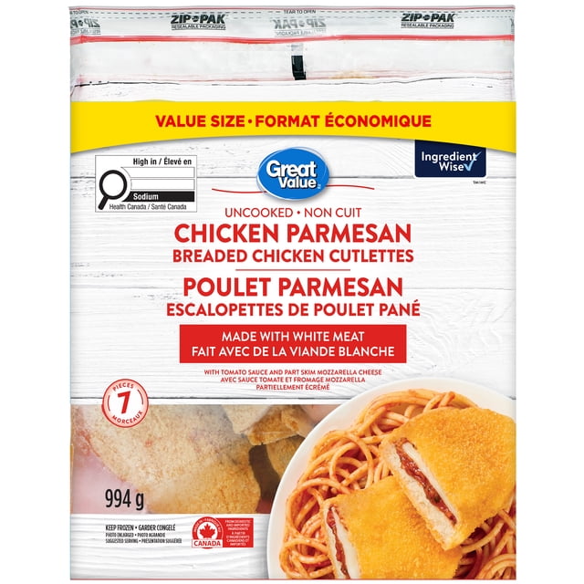 Great Value Escalopes de Poulet Panées au Parmesan Refermables Sac Format Économique de 994 g avec 7 Morceaux Non Cuits Faits de Poulet de Viande Blanche, sauce Tomate et mozzarella Écrémée en Partie, Montré avec une suggestion de Portion d'Escalopes Panées et de spaghetti, Présentant des Étiquettes d'Ingrédients Wise et d'Origine Canadienne.
