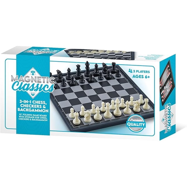 Tradeopia Magnetic Classics 10-Inch 3-in-1 Chess, Checkers & Backgammon Board Game – Durable, Travel-Friendly Family Fun