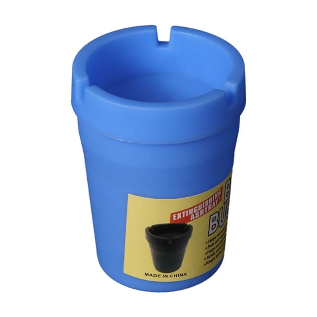 Portable Car Ashtray with Funnel Lid - Detachable Automotive Cigarette Receptacle Container made of durable plastic. The cylindrical design, measuring 4.33 x 3.26 inches, is compact and lightweight, fitting seamlessly into vehicle cup holders. Shown in a blue color variant, it features a detachable funnel lid for easy cleaning and versatile use as a car organizer or ashtray.