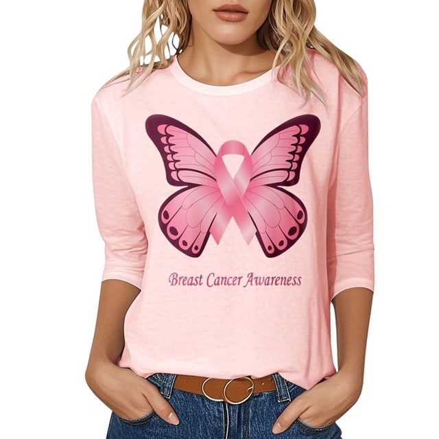 Fgnfyis T-Shirts pour Femmes Sensibilisation au Cancer Hauts Décontractés Col Rond Manches Trois Quarts Design Imprimé pour Quotidien Printemps Été Automne Célébrations Hauts pour Femmes Rose Clair G