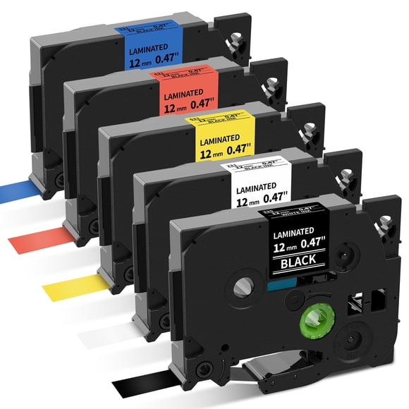 Ruban pour Fabriquer des Étiquettes P Touch 12 mm 0,47 Po Laminé Blanc/noir/rouge/bleu/jaune de Remplacement pour Brother TZe Label Tape, pour Ptouch Modèle PT-D200 D210 H100 1880, Ruban Coloré, Lot de 5