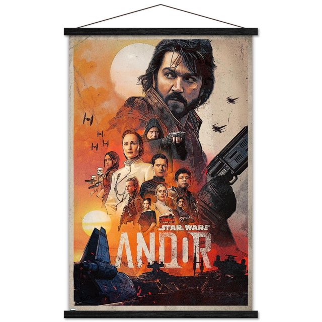 Star Wars : Andor - Affiche Murale d'Une Feuille, 22,375 Po x 34 Po, Représentant un collage de Personnages de la Série avec une Grande Figurine Tenant un blaster, des Personnages Plus Petits Arrangés en Dessous, Combattants à Attacher Volant dans un Ciel orange avec Deux Soleils, et Navires Star Wars sur un Paysage Sombre au Bas, Imprimée sur Papier Lustré, Convenant à l'Art Mural et à la Déco Intérieure.