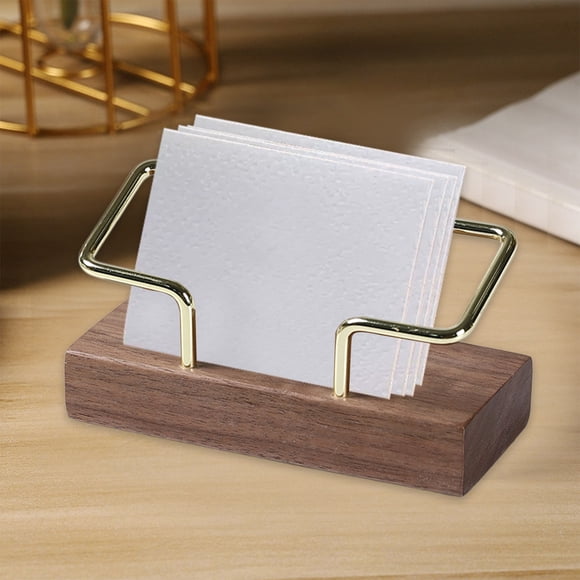 Solid Wood Business Card Holder with Metal Rack, Desktop Business Card Organizer Box, Beige Brown, Geometric Design, 10.7 x 5.3 x 4.2 cm, 1 Holder