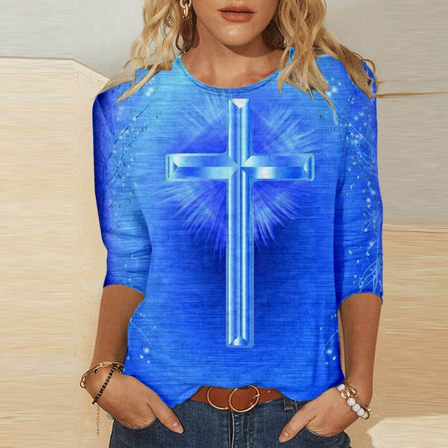 Xihbxyly Hauts pour Femmes Manches 3/4 T-shirt Imprimé Col Rond de Pâques Manches 3/4 Chandail Col Rond Articles en Liquidation