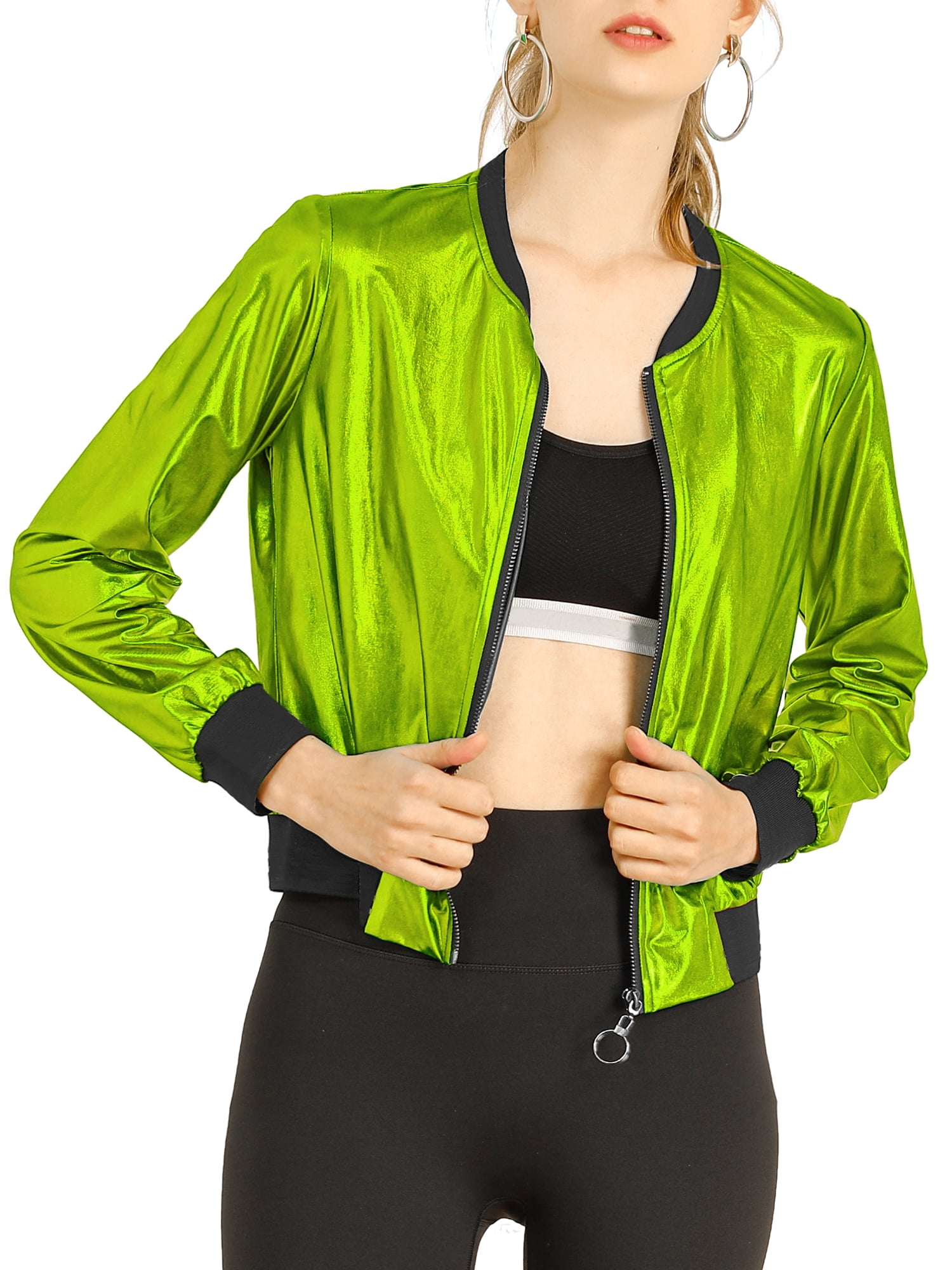 INSPIRE CHIC Women's Casual Stand Collar Metallic Zip Crop Length Bomber Jacket