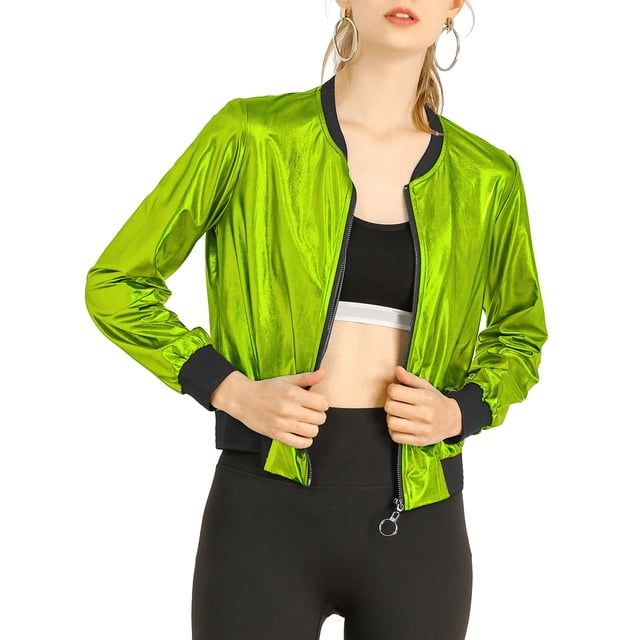 INSPIRE CHIC Women's Casual Stand Collar Metallic Zip Crop Length Bomber Jacket