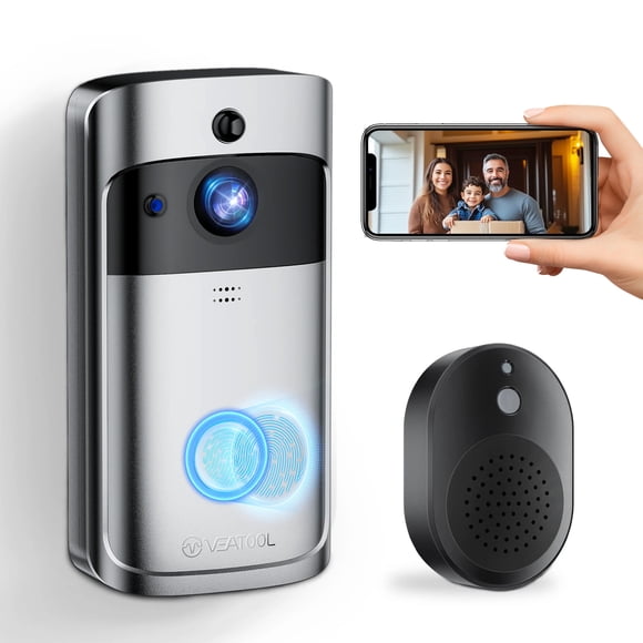 VEAT00L Caméra de Sonnette Sans Fil, Sonnette Vidéo 1080P, Audio Bidirectionnel, Alerte Instantanée, Détection de Mouvement PIR, Vision Nocturne