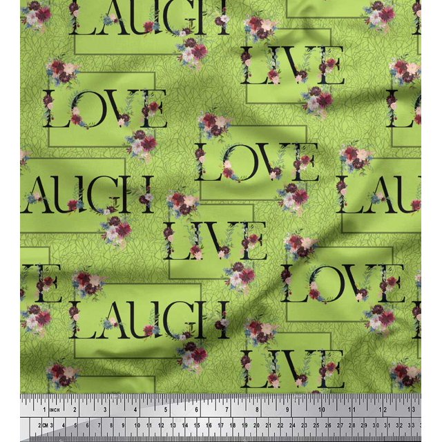 Soimoi Green Moss Georgette Fabric Floral Love Text Printed Craft Fabric by the Yard 44 Inch Wide