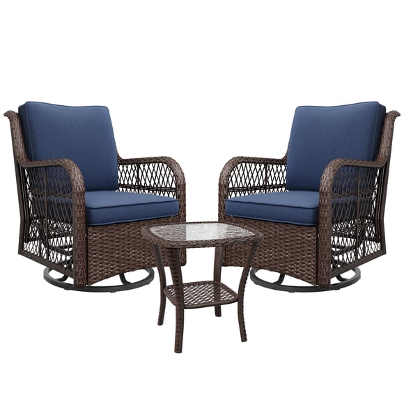 Ensemble de Chaises de Patio Pivotantes et Berçantes à 360° – Ensemble de 3 Pcs en Osier Toutes Saisons avec Coussins de 4 Pouces, Table Basse, Mobilier Bistro de Jardin pour Véranda, Balcon, Terrasse – Bleu