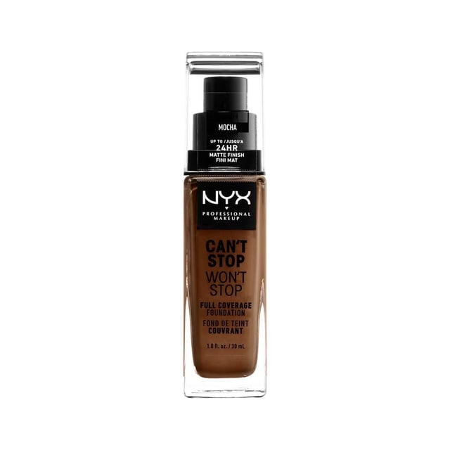 Fond de Teint Couvrance Totale Ne Peut Pas s'Arrêter Ne s'Arrête Pas, 30 ml par NYX Professional Makeup en Teinte Moka, une Bouteille Rectangulaire en Verre Transparent avec Distributeur à Pompe Noir et Bouchon, Doté d'Un Fond de Teint Liquide Fini Mat Imperméable Offrant une Couvrance Totale et Contrôlant la Brillance jusqu'à 24 Heures.
