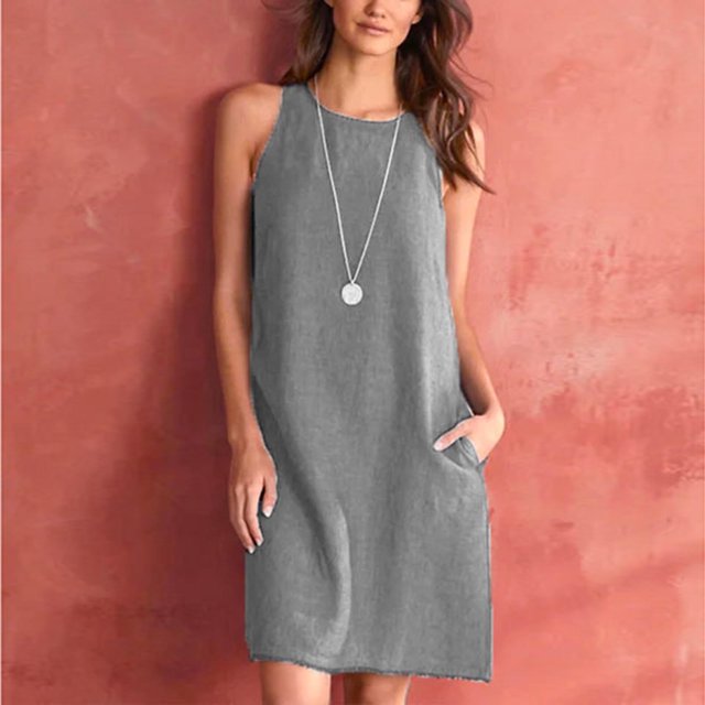 EGNMCR Robes de Fête pour Femmes Robe Débardeur Décontractée Sans Manches de Printemps/été pour Femmes, Unie, Ample, Col Rond, Plissée, en Coton et Lin