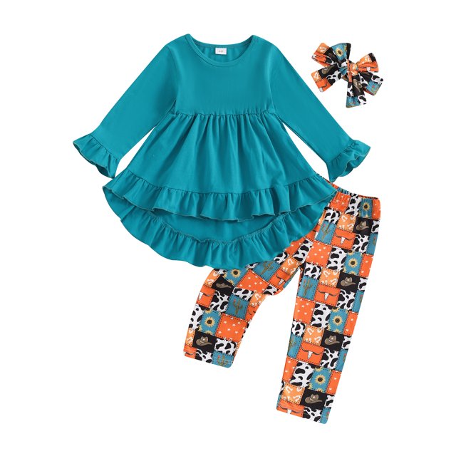 FOCUSNORM Toddler Baby Girls Cowgirl Clothes Set Ruffled Trim Long Sleeve Tops Long Pants Headband Fall Spring Outfits