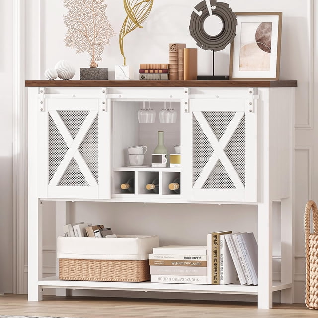 Buffet Sideboard Cabinet with Storage, Kitchen Storage Cabinet with Sliding Barn Doors, Open Shelves, 9 Wine Rack and 4 Glass Holder, Wood Coffee Bar Cabinet for Kitchen, Living Room