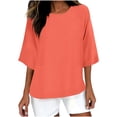 thumbnail image 3 of QATAINLAV Liquidation à 90 % de Rabais, T-Shirts Surdimensionnés pour Femmes Manches 3/4 Col Rond Hauts Décontractés Amples T-Shirts Basiques Blouse en Coton et Lin Tenues Tendance Été 2025 Rouge Melon D\'eau TTTG, 3 of 5