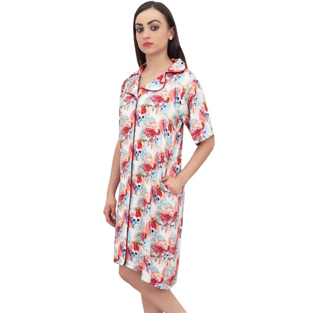 Bimba Chemise de Nuit à Col Cranté Imprimé Floral pour Femmes avec Poches - 8