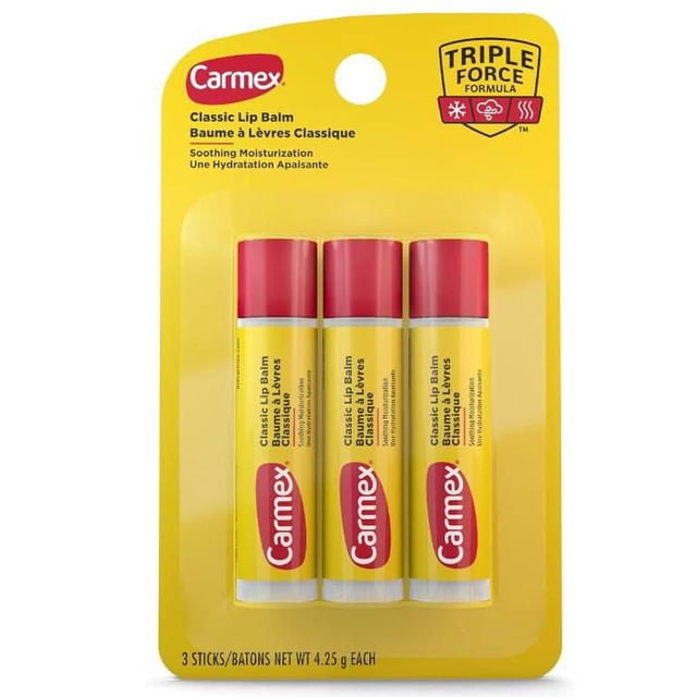 CARMEX CLASSIC FLAVOUR STICK 3PK containing three yellow and red medicated lip balm sticks in a yellow blister pack, offering SPF 15 protection and soothing moisturization with a triple force formula to protect and hydrate chapped lips.
