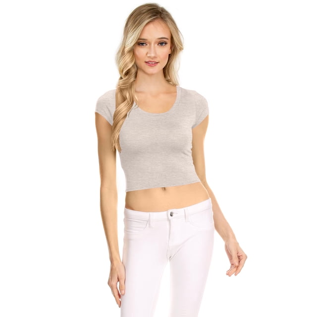 NYL Womens Basic Short Sleeve Scoop Neck Crop Top - USA, Large, Heather Grey