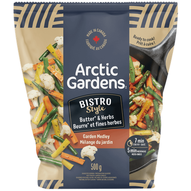 Arctic Gardens Garden Medley frozen mixed vegetables seasoned with butter and herbs in a 500 g bag, including carrots, green beans, and cauliflower, ready to cook in 7 minutes on stove or 5 minutes in microwave, made in Canada, ideal as a quick side dish.