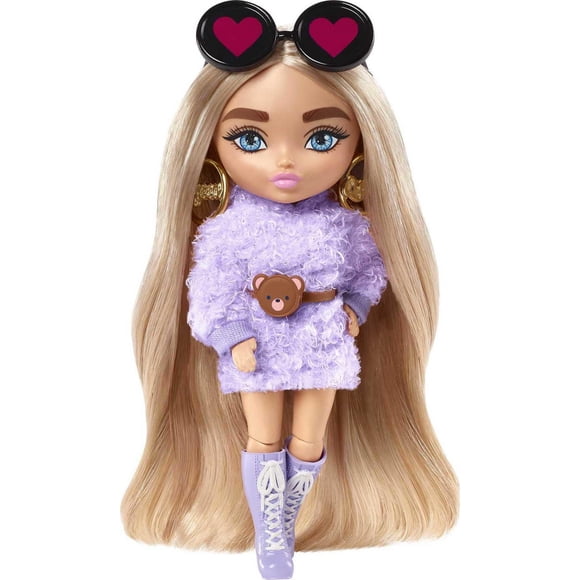 Barbie Extra Minis Doll #4 (5.5 in) Wearing Fluffy Purple Fashion, with Doll Stand & Accessories Including Teddy Ears and Sunglasses, Gift for Kids 3 Years Old & Up