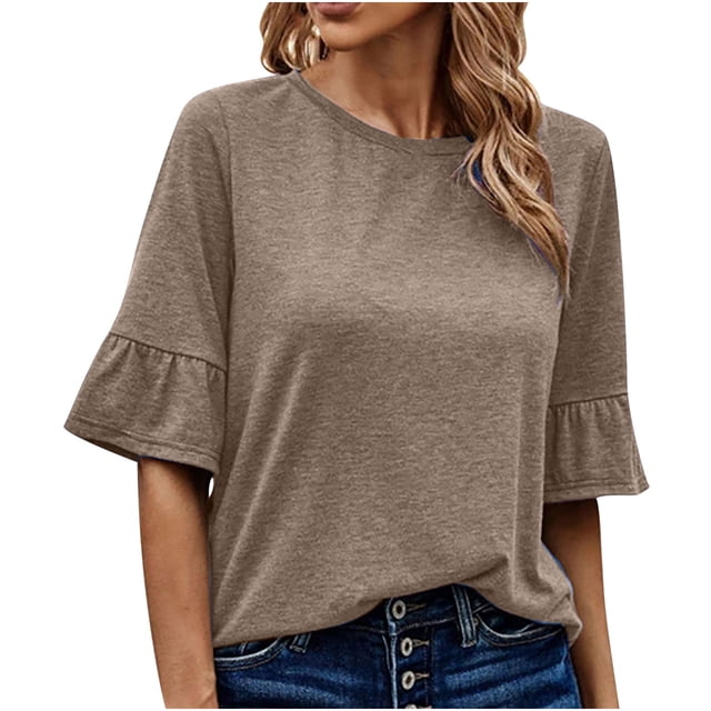 Pompotops Blouse d'Été Décontractée pour Femme à Manches Trois-Quarts, Col Rond, Hauts Unis, T-Shirt en Solde