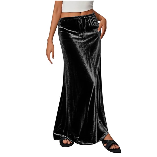 Kvture Ladies Fashion Women Solid Color Elastic Waist Drawstring Long Skirt Black L