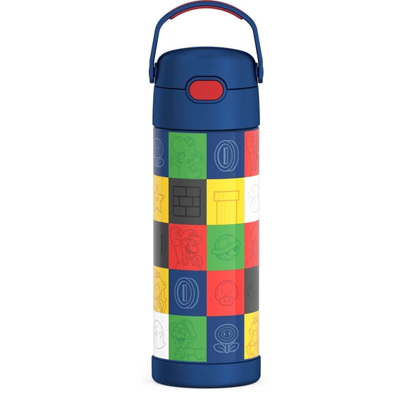 Thermos Kids Stainless Steel Vacuum Insulated Funtainer 16 Oz Water Bottle with Spout Lid, Mario