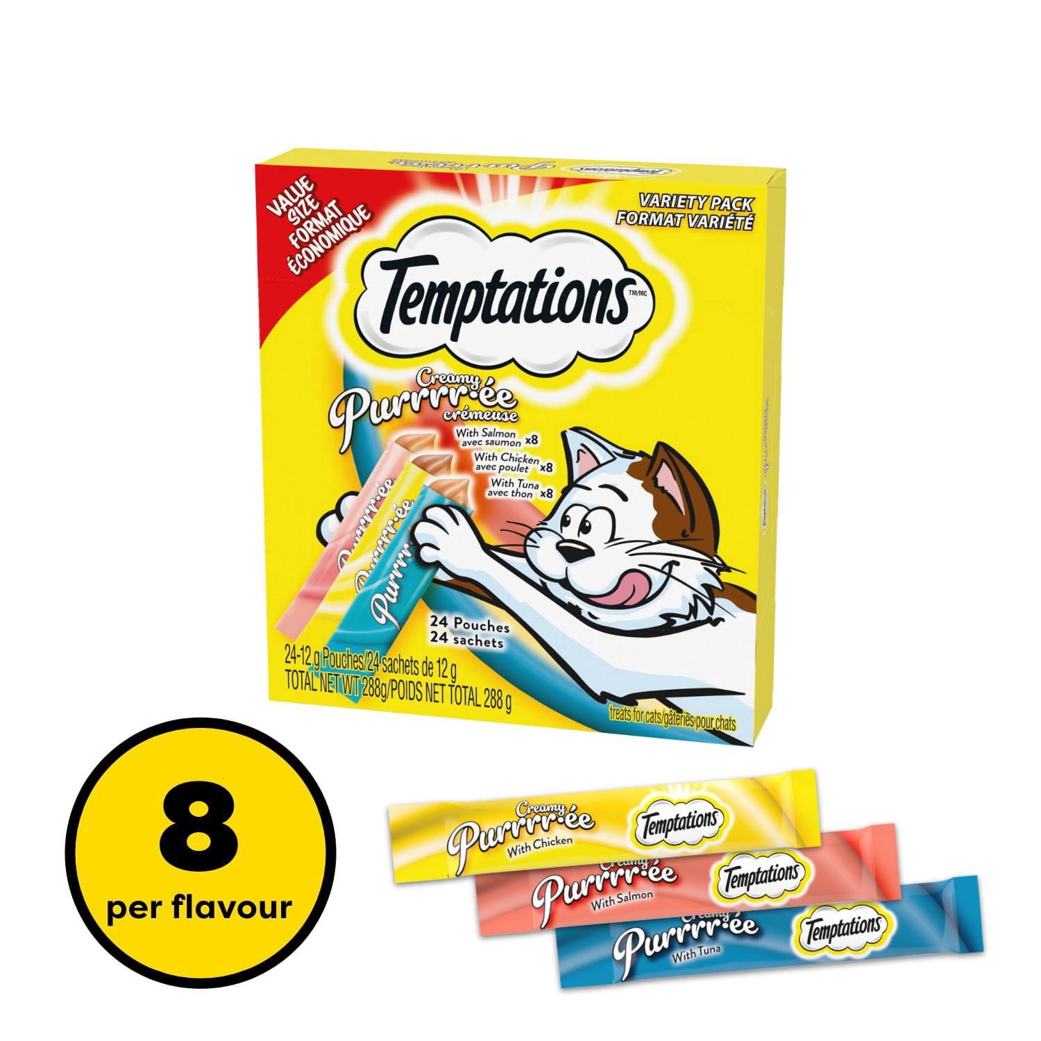 Temptations Purée Crémeuse au Poulet & au Saumon & au Thon, Gâteries Léchables pour Chats Adultes, 24 Sachets, 288g