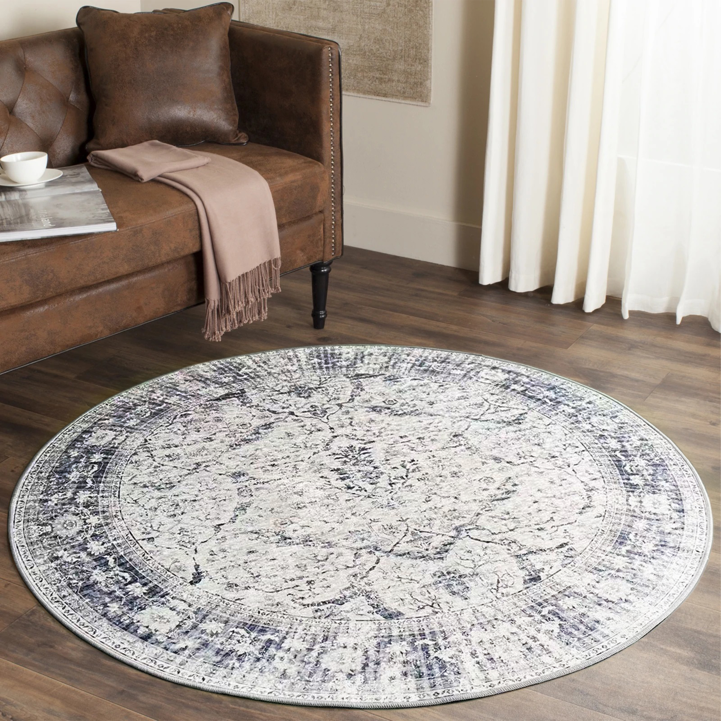 JV Home Round Rug Oushak Blue 4 ft Washable Carpet Anti Slip