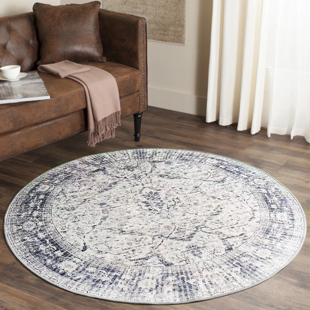 JV Home Tapis Rond Oushak Bleu 4 Pi Lavable Antidérapant