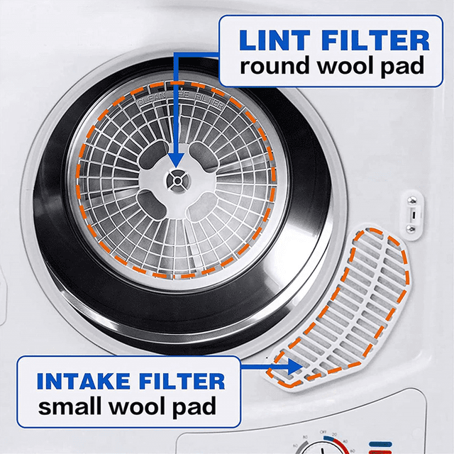 90 Pieces Clothes Dryer Exhaust Filter, universal portable dryer lint filter replacement compatible with Panda, Chef, and Sonya models. The image highlights the lint filter and intake filter areas on a dryer, showing round wool pads and small wool pads designed for efficient lint capture and extended dryer life.