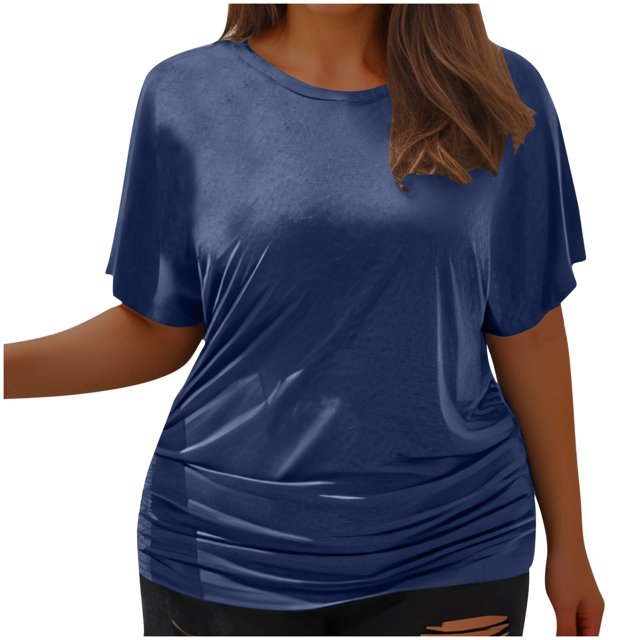 Timegard Womens Tops Plus Size Side Ruched Drop Shoulder Crewneck Short Sleeve Workout Top Comfy Casual