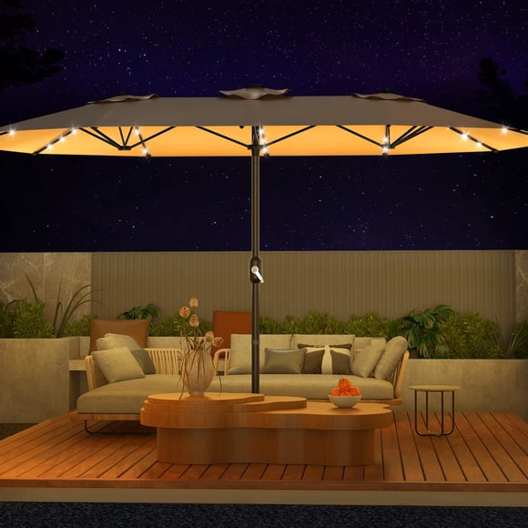 GOGRANT 15FT Double-Sided Patio Umbrella with 36 Solar LED Lights & Base, UPF 50+ Waterproof Canopy, Heavy-Duty 12-Rib Iron Frame, Crank for Pool, Garden & Patio