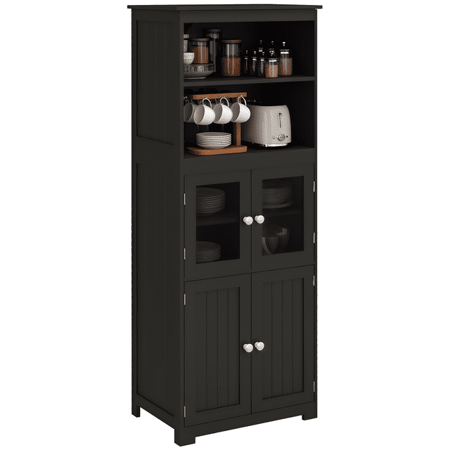 HOMCOM Buffet de 63 Pouces avec Hutch, Armoire de Rangement Noire à design vertical avec Deux Étagères Ouvertes, une Armoire à Deux Portes à Panneaux de Verre, et une Armoire Inférieure à Deux Portes avec Tablettes Ajustables. Fabriqué en MDF avec Portes en Verre Trempé, Comprend des Poignées en Métal Argenté et une surface Peinte pour la Durabilité. Idéal pour Cuisines, Salles à Manger Ou Petits Espaces, Mesure 23.5 Pouces L x 11.75 Pouces P x 63.75 Pouces H et Supporte jusqu'à 132 Lb au Total.