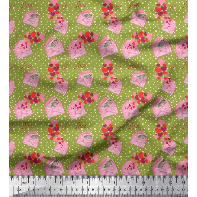 Soimoi Green Rayon Crepe Fabric Envelope,Star & Heart Print Fabric by Yard 46 Inch Wide