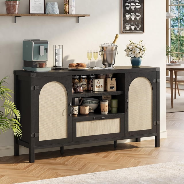 Yiwa Farmhouse Buffet Cabinet, 47.2 Inch Kitchen Sideboard with Storage Drawer and Rattan Details, Coffee Bar Cabinet Perfect for Entryway, Living Room, or Kitchen