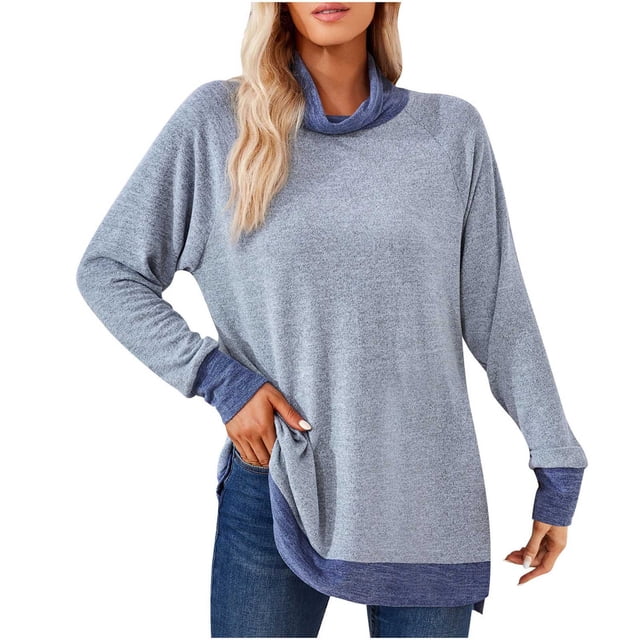 Timegard Tops for Women High Neck Long Sleeve Side Split Color Block Tshirts Fall Casual Loose Tops