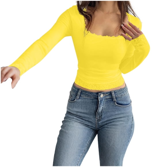 Timegard Going out Tops for Women Lace Square Neck Slim Crop Tops Casual Comfy Long Sleeve Shirts Fall