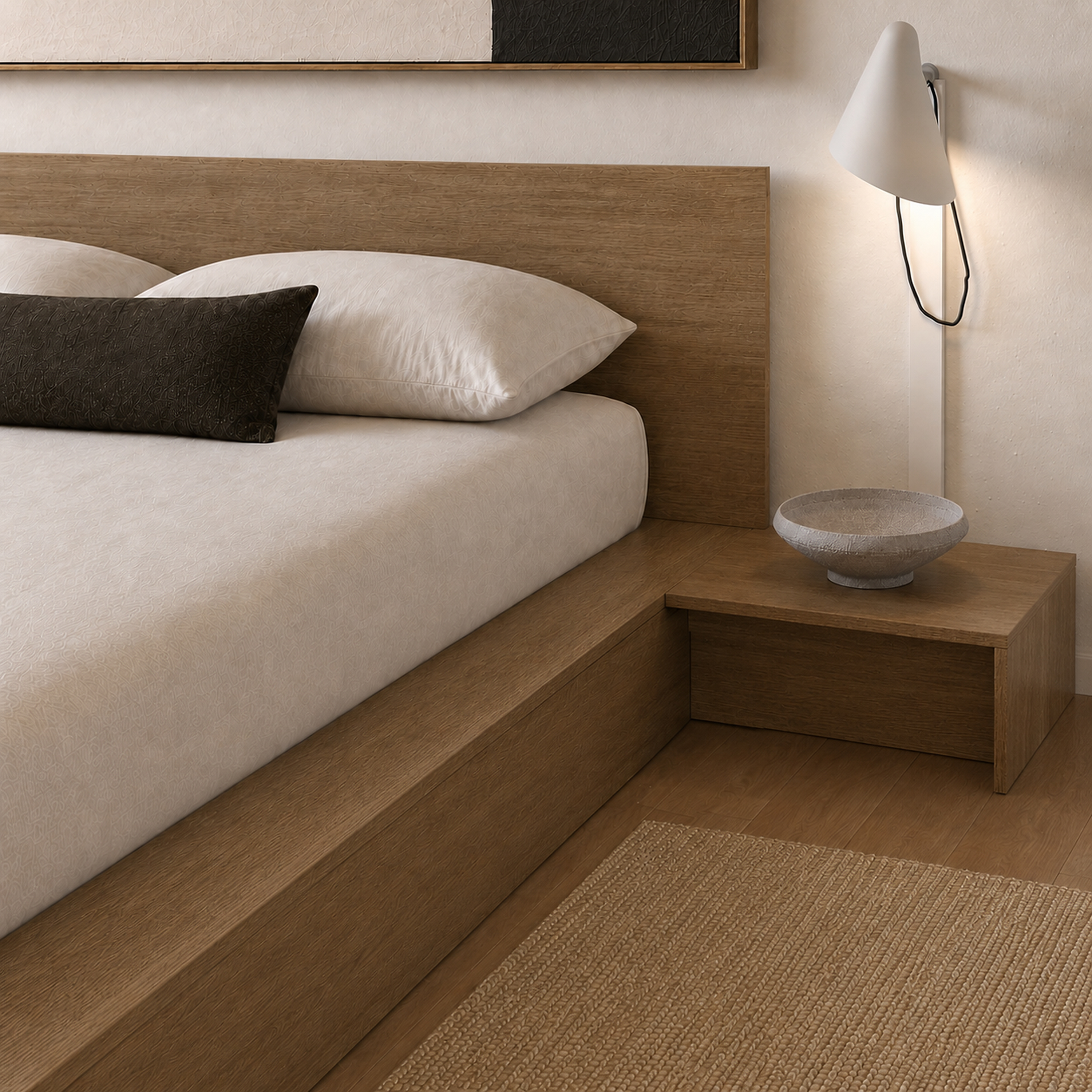 Ensemble de chambre à coucher Nexera Kanso 4 pièces avec lit queen size et plateforme basse, Chêne brun