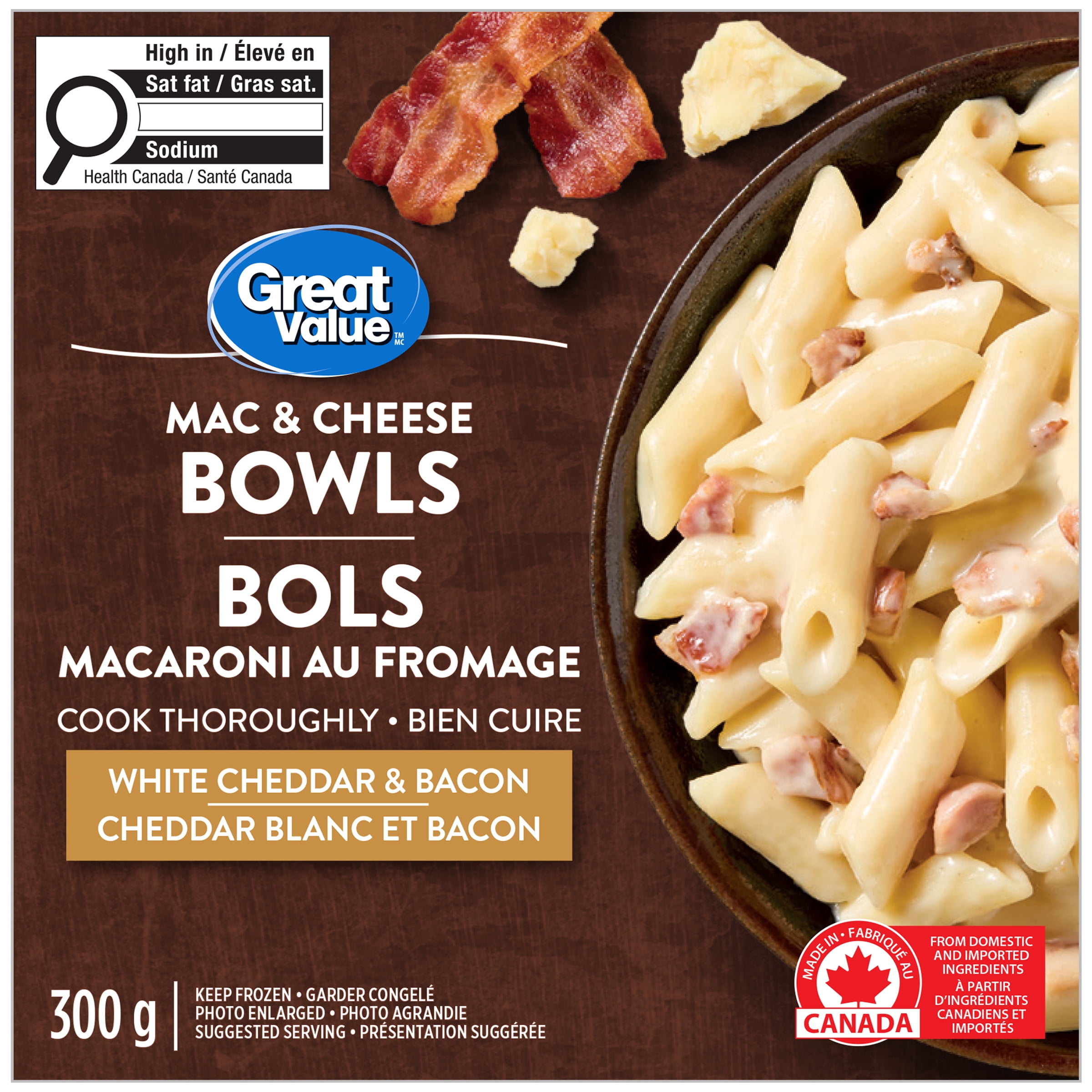 Great Value White Cheddar & Bacon Mac & Cheese Bowls, 300 g