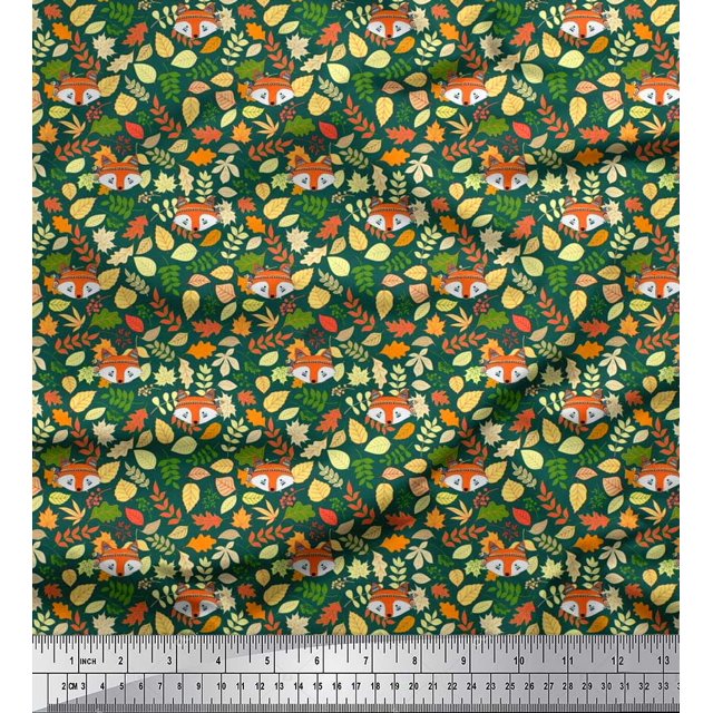 Soimoi Polyester Crepe Fabric Leaves & Fox Face Cartoon Fabric Prints by Yard 52 Inch Wide